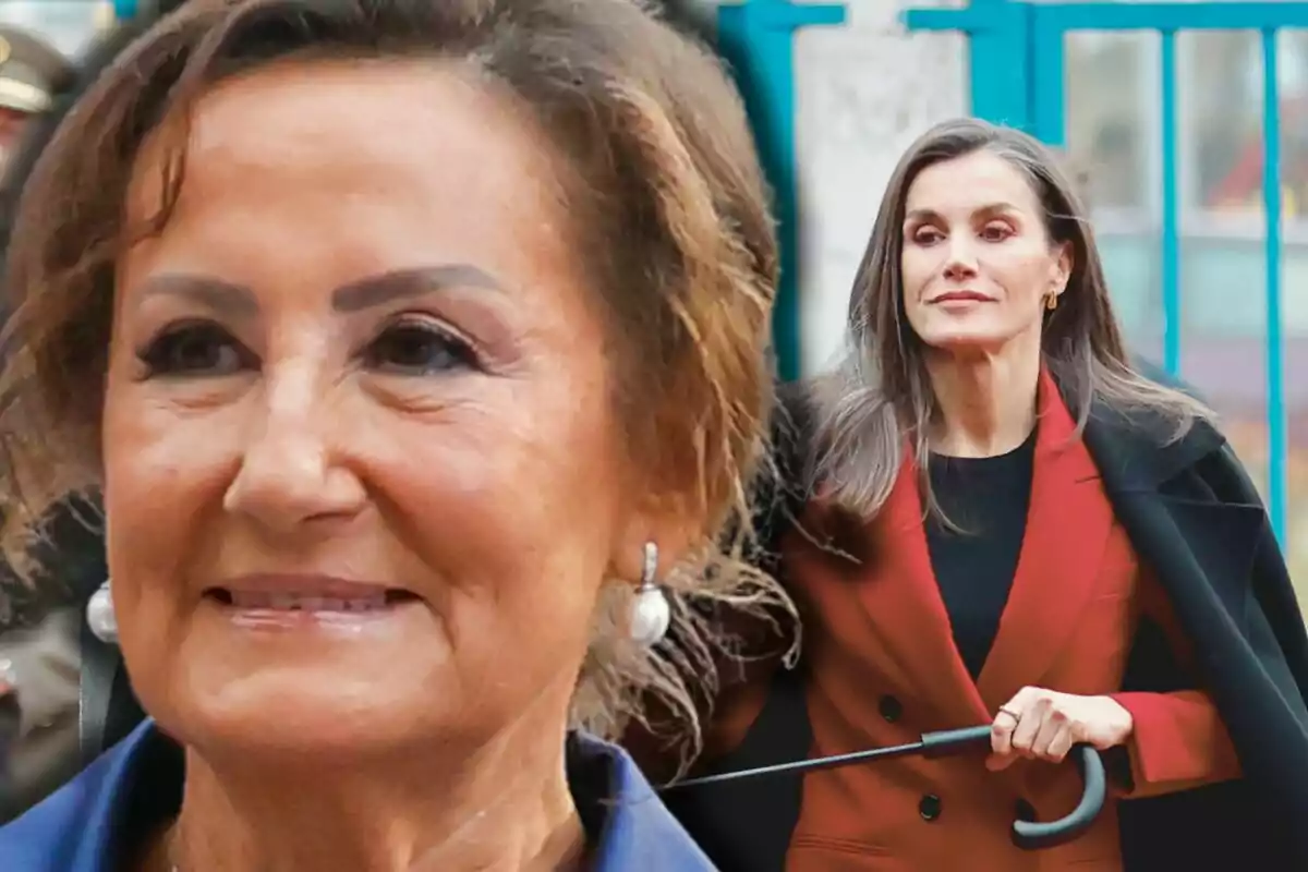 Paloma Rocasolano i la reina Letícia en un muntatge fotogràfic, una en primer pla amb cabell castany i arracades de perles, i l'altra al fons amb cabell llarg i solt, vestint un abric vermell i negre.