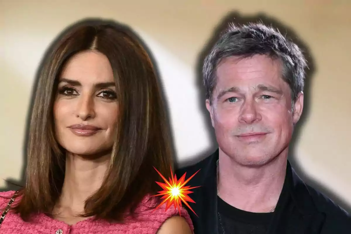 Penélope Cruz and Brad Pitt posing together in front of a blurred background with an explosion effect between them.