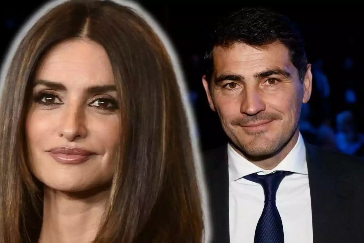 Penélope Cruz looks at the camera while Iker Casillas, wearing a suit and tie, smiles in the background against a dark backdrop.