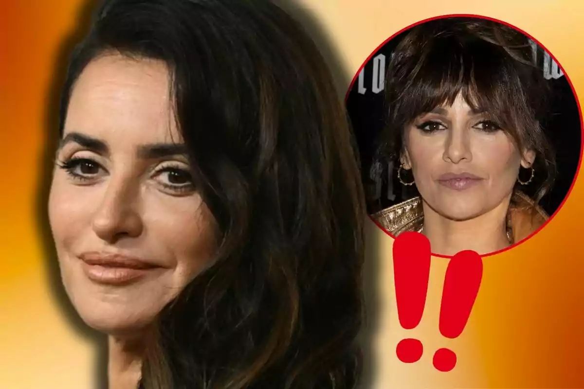 Penélope Cruz amb expressió serena apareix en primer pla, mentre que en un cercle vermell a la dreta es mostra una altra imatge de Mónica Cruz amb un pentinat diferent i signes d'exclamació en vermell.