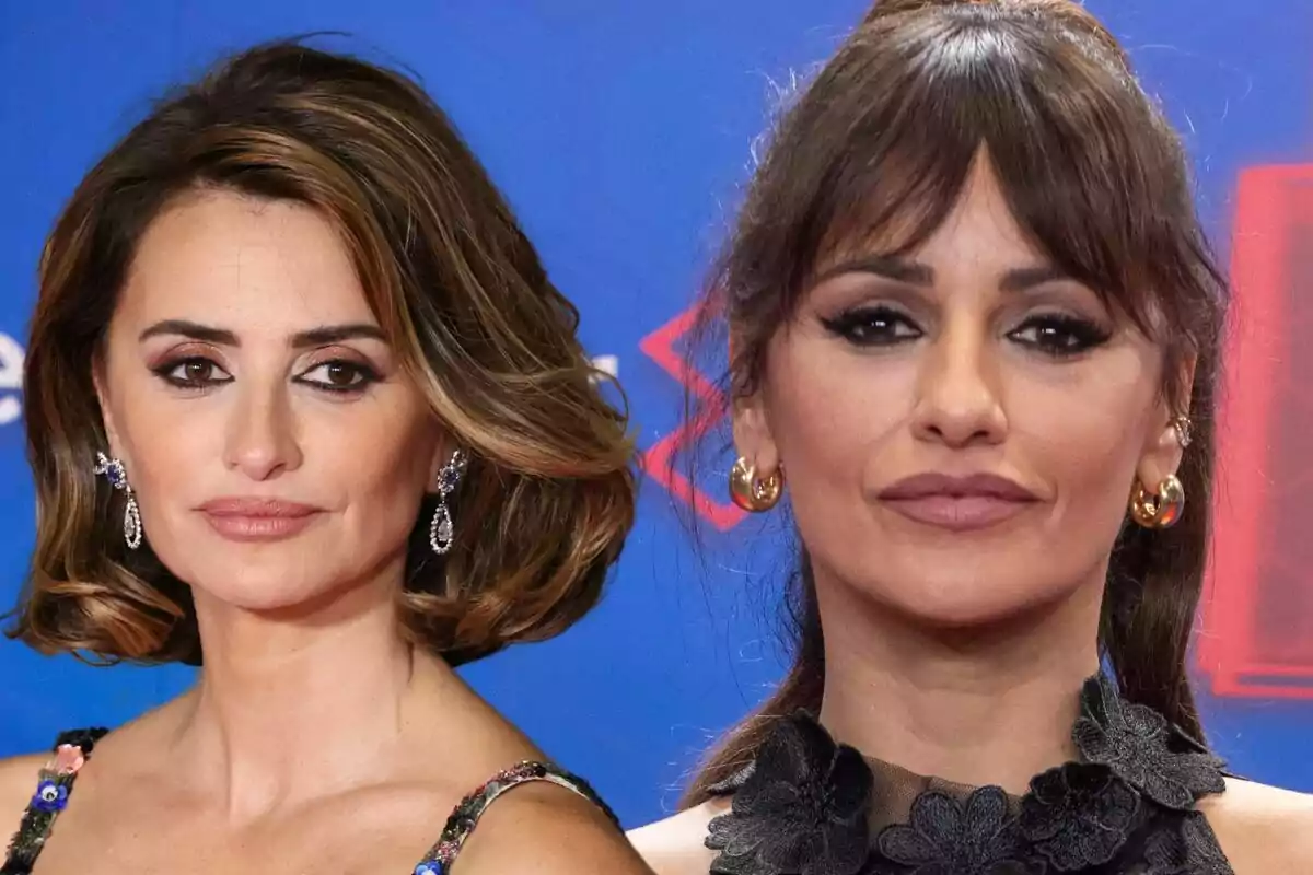 Penélope Cruz i Mónica Cruz amb vestits elegants i pentinats diferents posant en un esdeveniment amb fons blau.