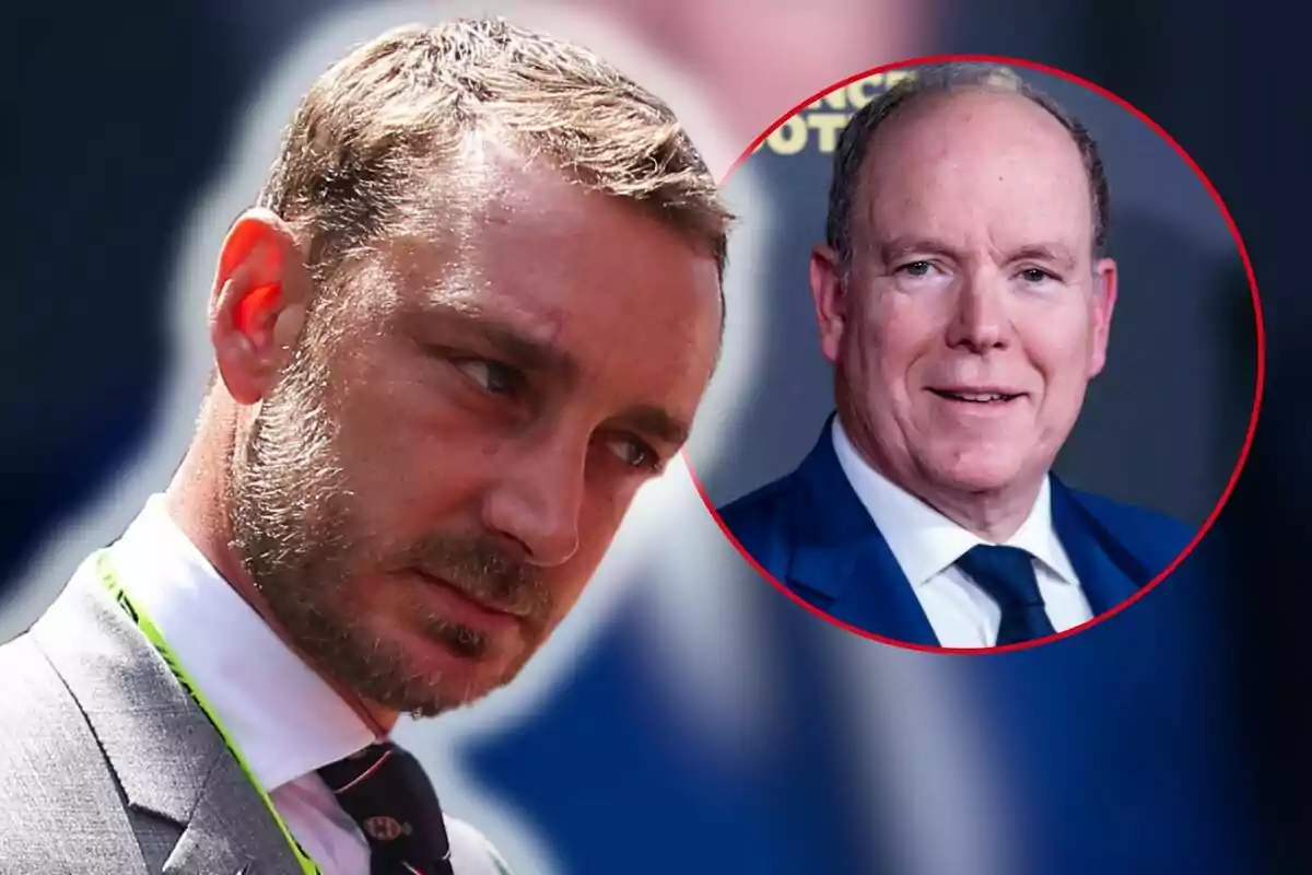Pierre Casiraghi and Albert of Monaco in formal suits, one in the foreground with a serious expression and the other in a red circle in the background smiling. Pierre Casiraghi and Albert of Monaco in formal suits, one in the foreground with a serious expression and the other in a red circle in the background smiling.