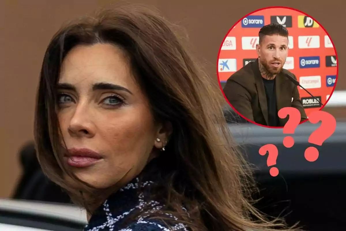 Pilar Rubio amb expressió seriosa mira cap a la càmera mentre a la cantonada superior dreta hi ha un cercle amb la imatge de Sergio Ramos en una conferència de premsa i tres signes d'interrogació.