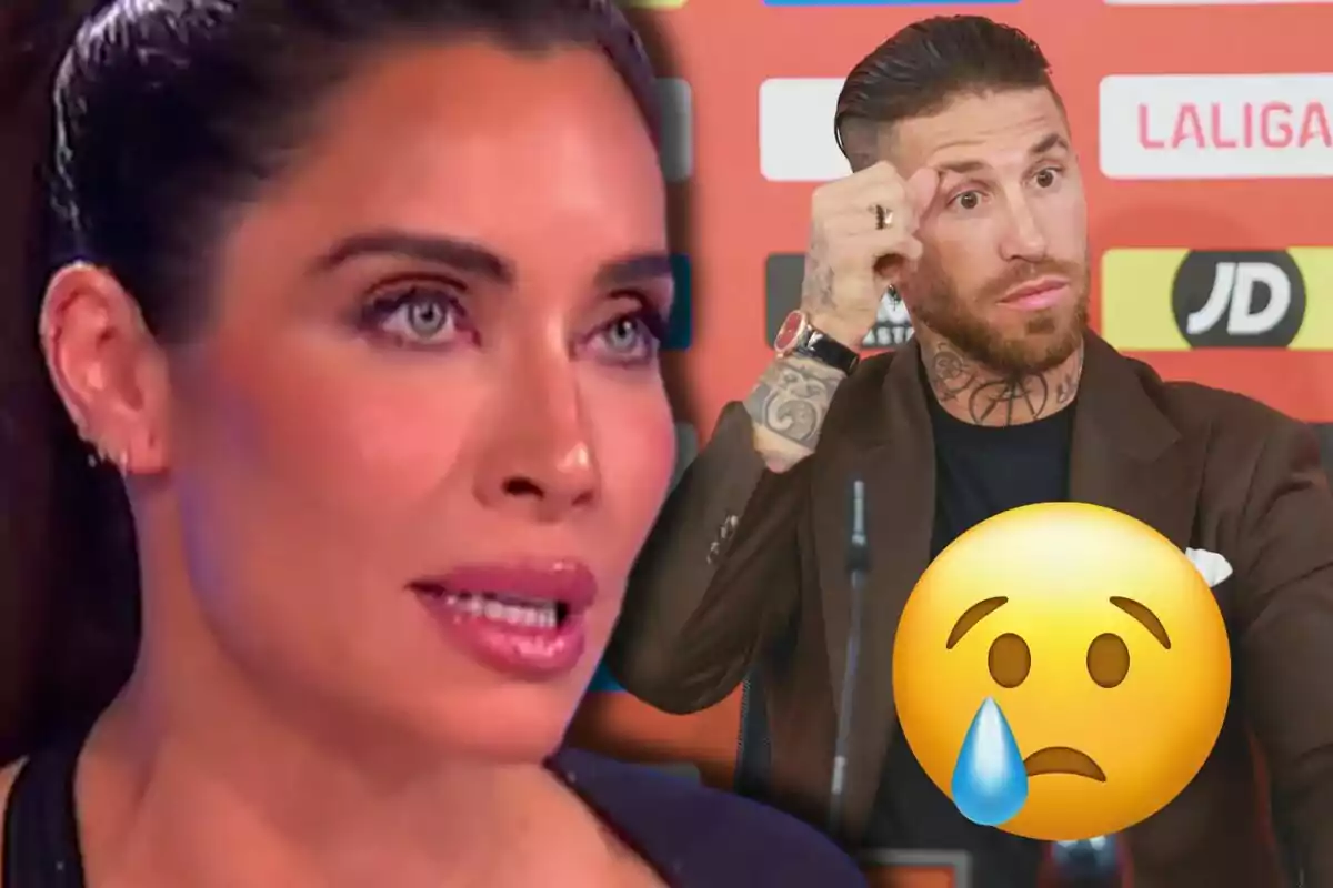 Pilar Rubio amb expressió seriosa en primer pla i Sergio Ramos amb tatuatges al fons, acompanyat d'un emoji trist.