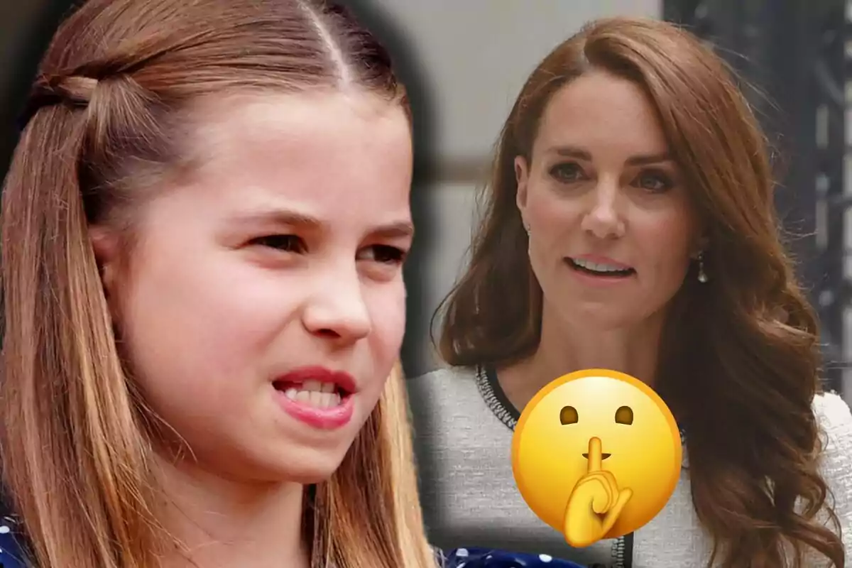 Princess Charlotte and Kate Middleton with a shushing emoji overlay.
