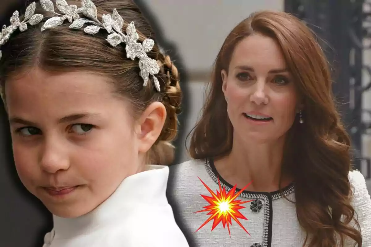 La princesa Charlotte con una diadema de hojas plateadas y Kate Middleton con un vestido claro.