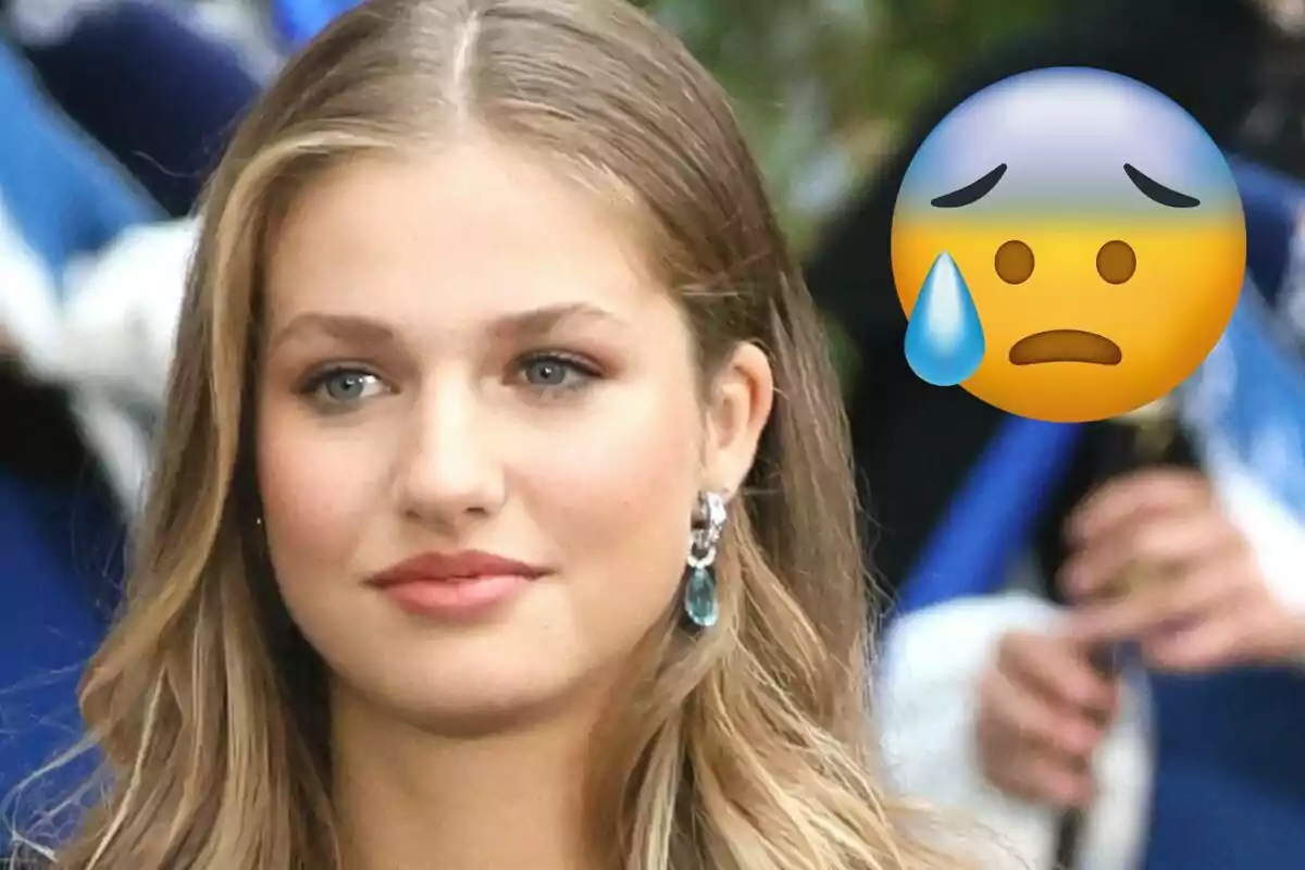 Princess Leonor with a neutral expression and a worried face emoji with a tear in the background
