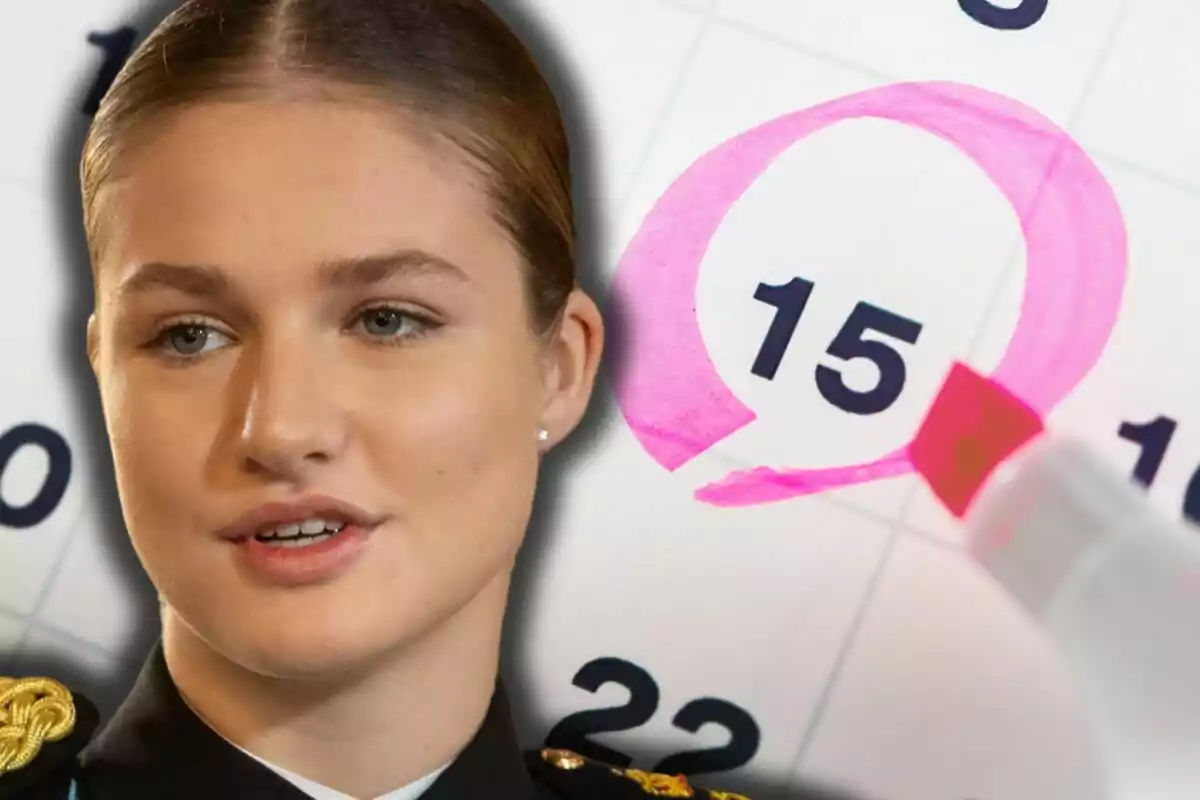 Princess Leonor in military uniform with a calendar background and the 15th marked in pink