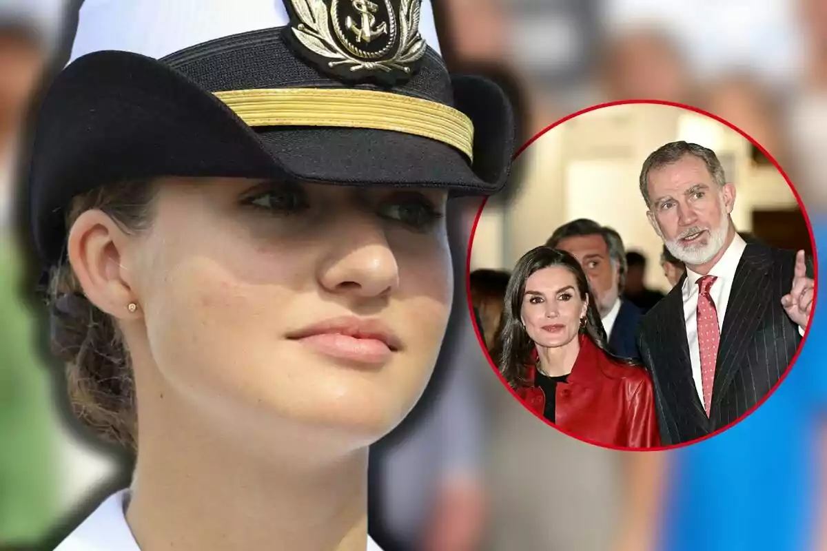 La princesa Leonor amb uniforme militar i un barret de gala apareix en primer pla, mentre que en un requadre al fons s'observa la reina Letícia i Felip VI vestits formalment.