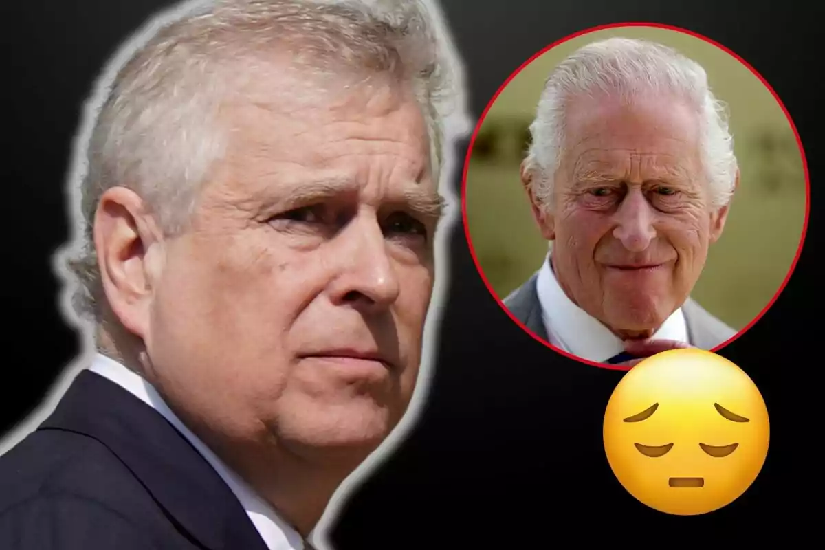 Prince Andrew with a serious expression and a worried face emoji next to a circle with the image of Charles III.