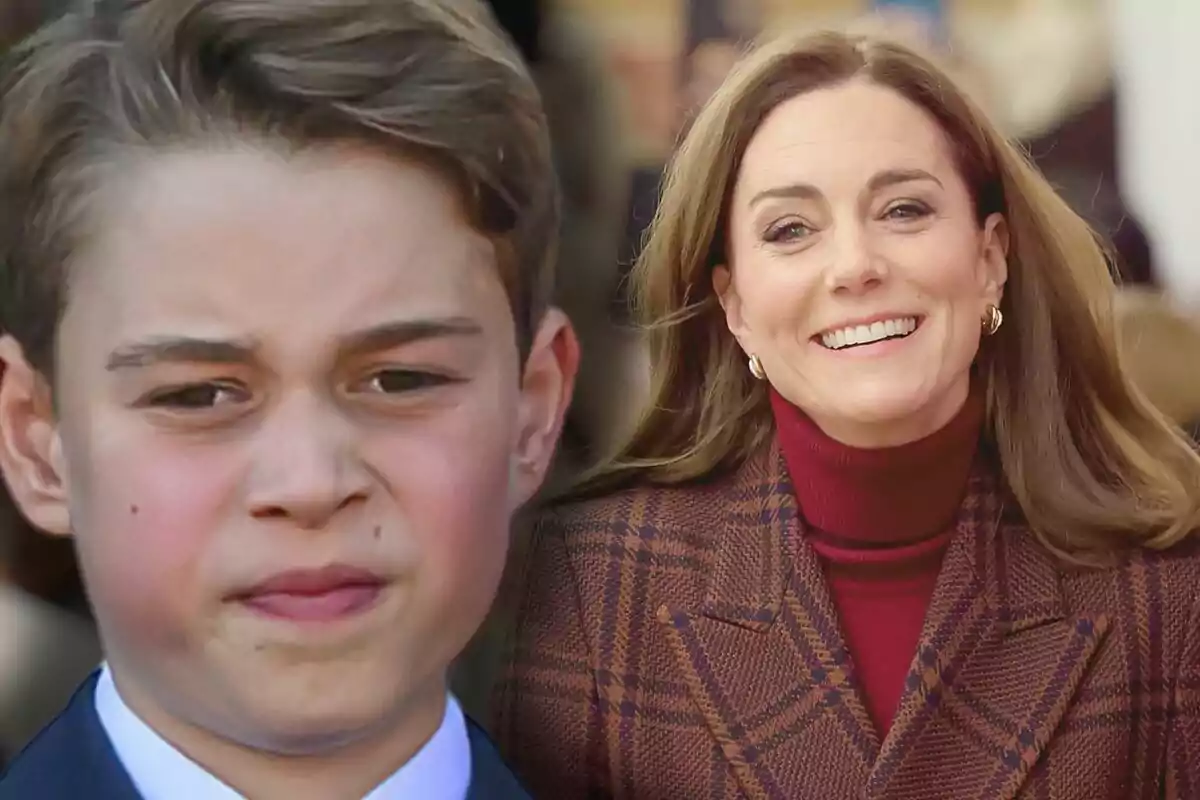 Kate Middleton sonriente con cabello castaño y el príncipe George con expresión seria, ambos en primer plano.