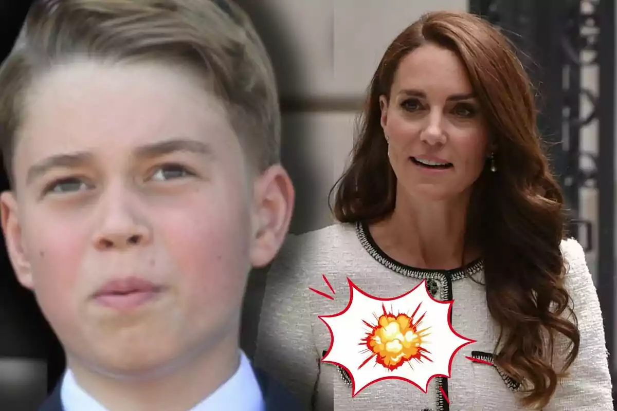 El príncep George amb expressió seriosa apareix en primer pla mentre Kate Middleton és al fons, sobre la seva roba hi ha una il·lustració d’explosió.
