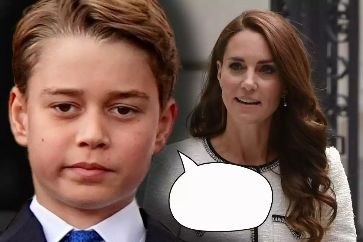 El príncep George amb expressió seriosa en primer pla i la Kate Middleton al fons amb un globus de diàleg buit al seu costat