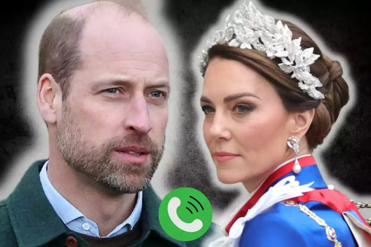 El príncep Guillem i Kate Middleton mirant en direccions oposades amb una icona de trucada verda al centre.