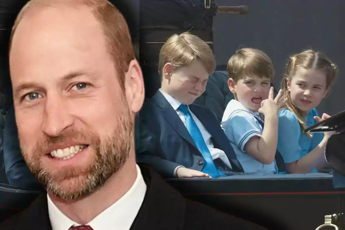 Prince William smiling with a beard in the foreground, and Princes George, Louis, and Charlotte sitting in a carriage in the background, one of them making a funny gesture with their hand.