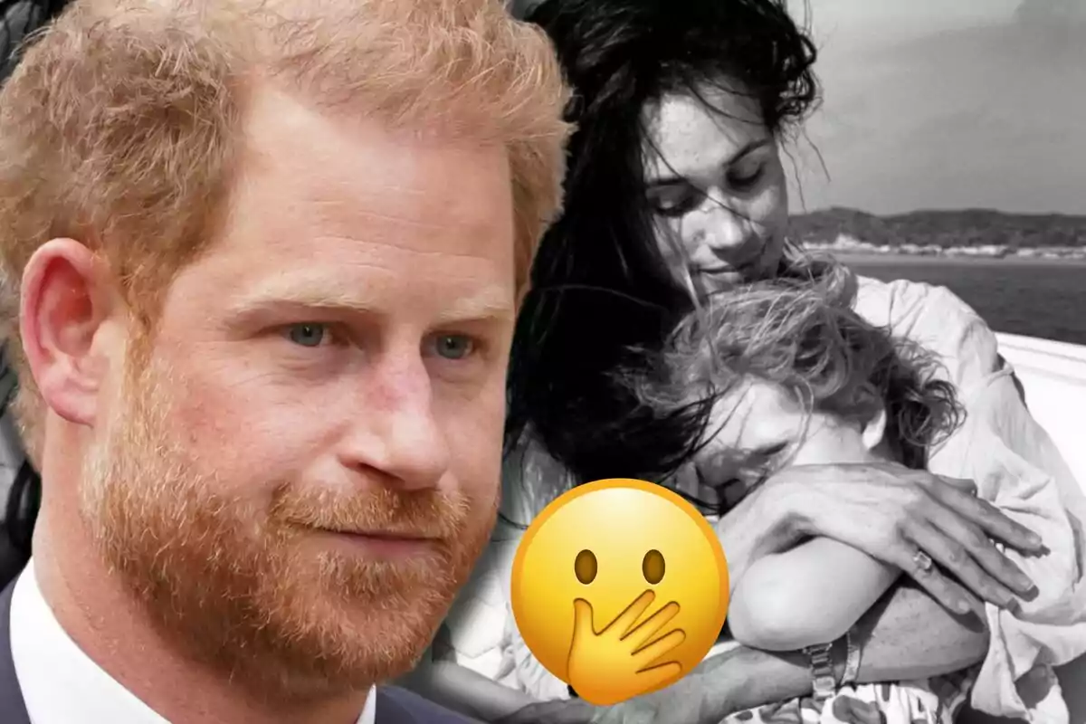 El príncep Harry en primer pla amb expressió seriosa i al fons la Meghan Markle abraçant la Lilibet en una imatge en blanc i negre parcialment coberta per un emoji de sorpresa.