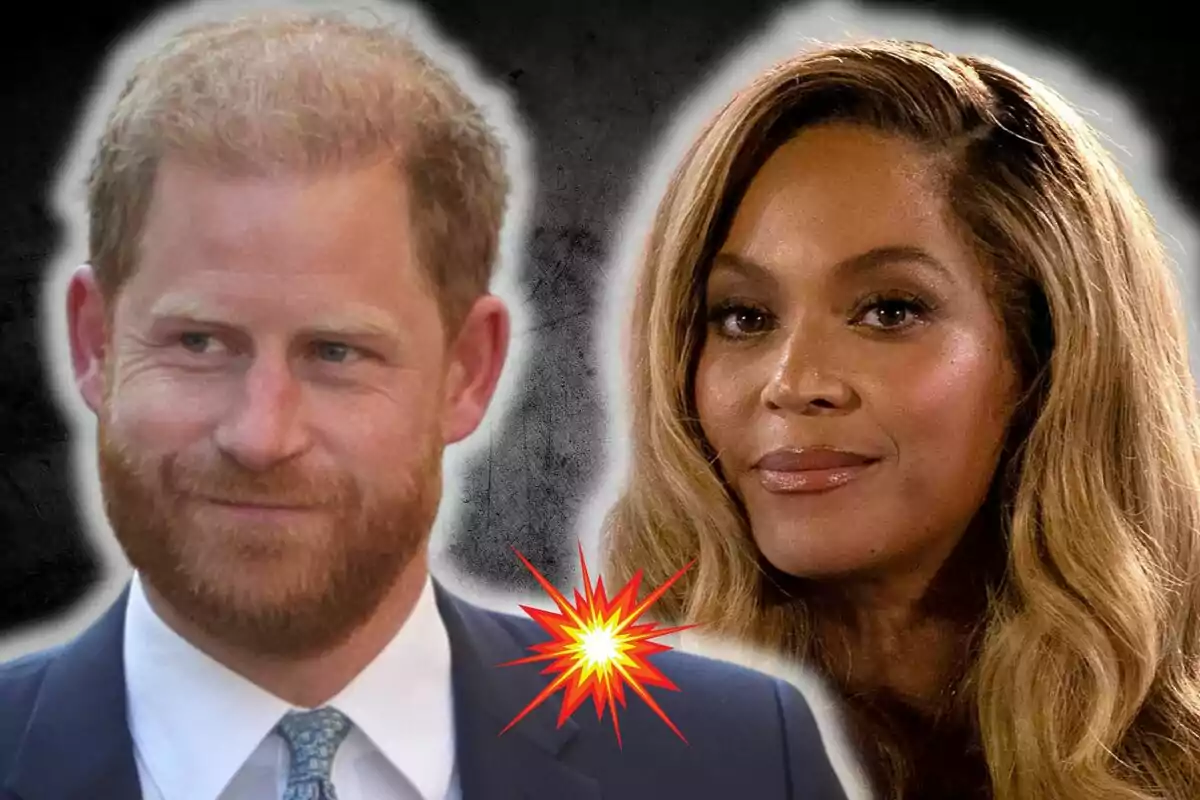 El príncep Harry i Beyoncé posant junts amb un efecte d'explosió al centre sobre un fons fosc.