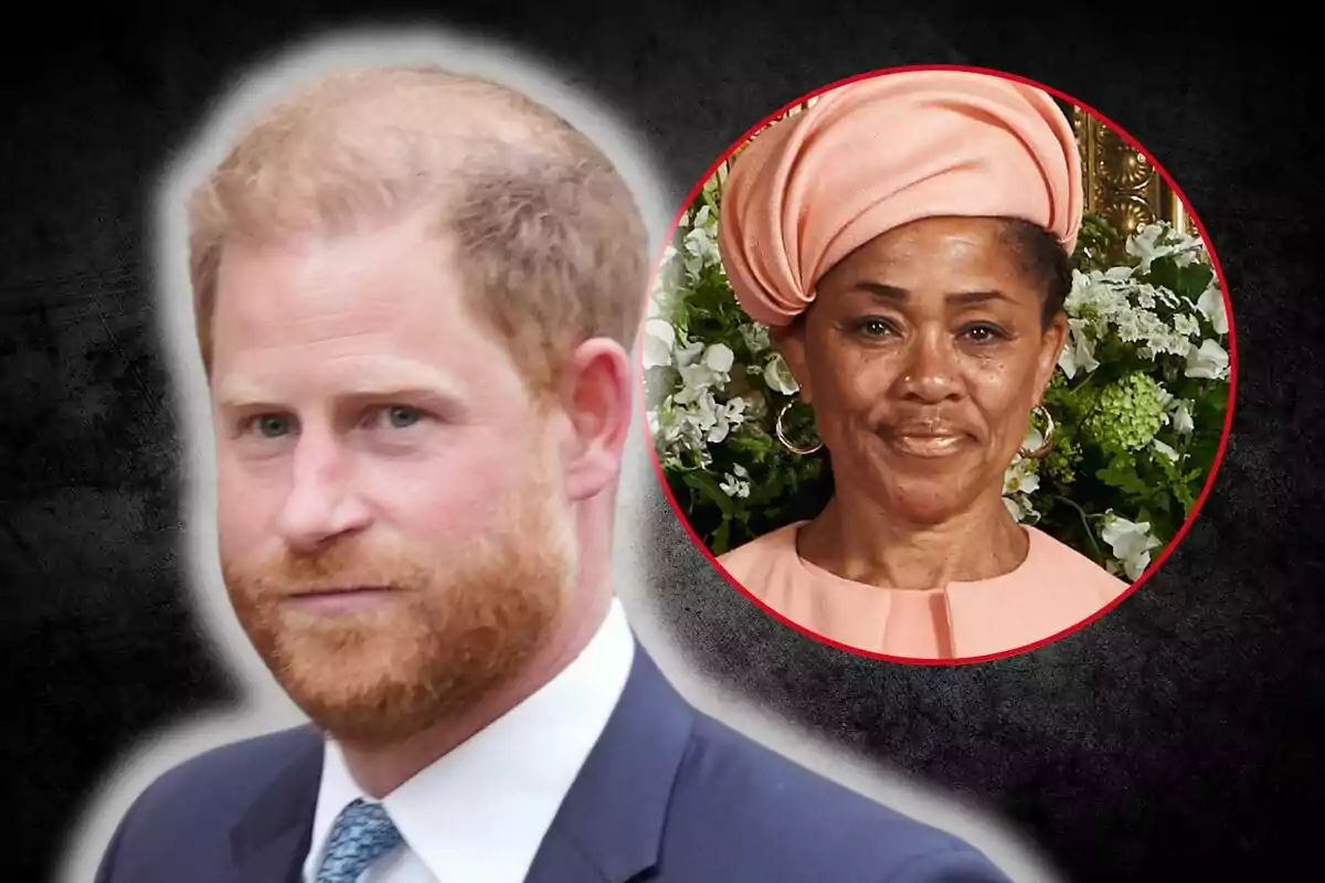 El príncipe Harry con traje azul aparece en primer plano mientras una mujer con un turbante rosa y fondo de flores está en un círculo rojo a su lado.
