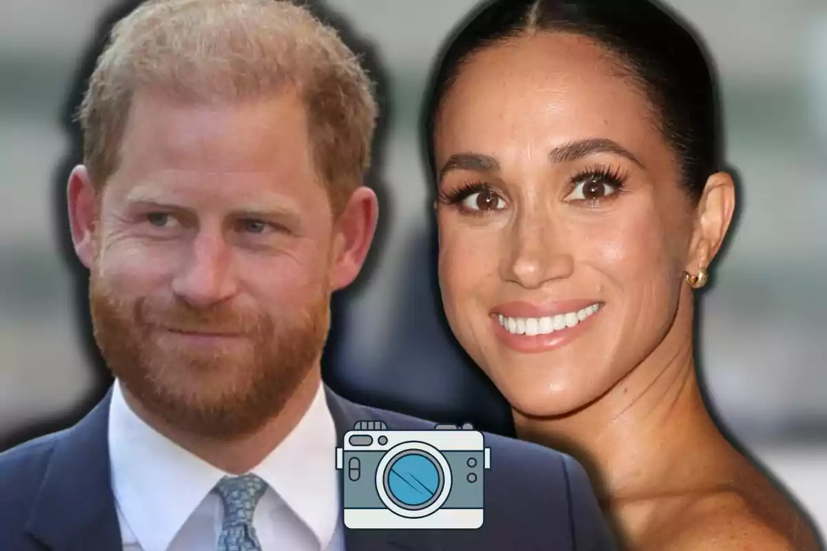 Prince Harry and Meghan Markle smiling in the foreground with a camera icon at the bottom of the image and a blurred background.
