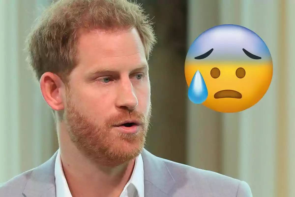 El príncipe Harry y un emoji de cara preocupada al lado.