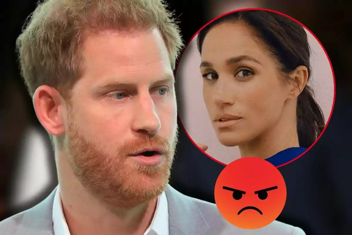 El príncep Harry mira cap a un cercle que conté la imatge de Meghan Markle, amb un emoji d'enfadament superposat.