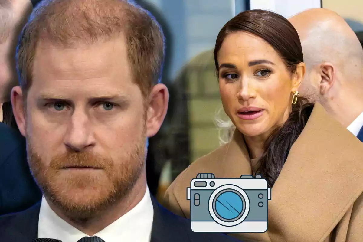 Prince Harry with a serious expression and Meghan Markle with her hair up, wearing a brown coat, appear together in a public setting, with a camera icon in the image.