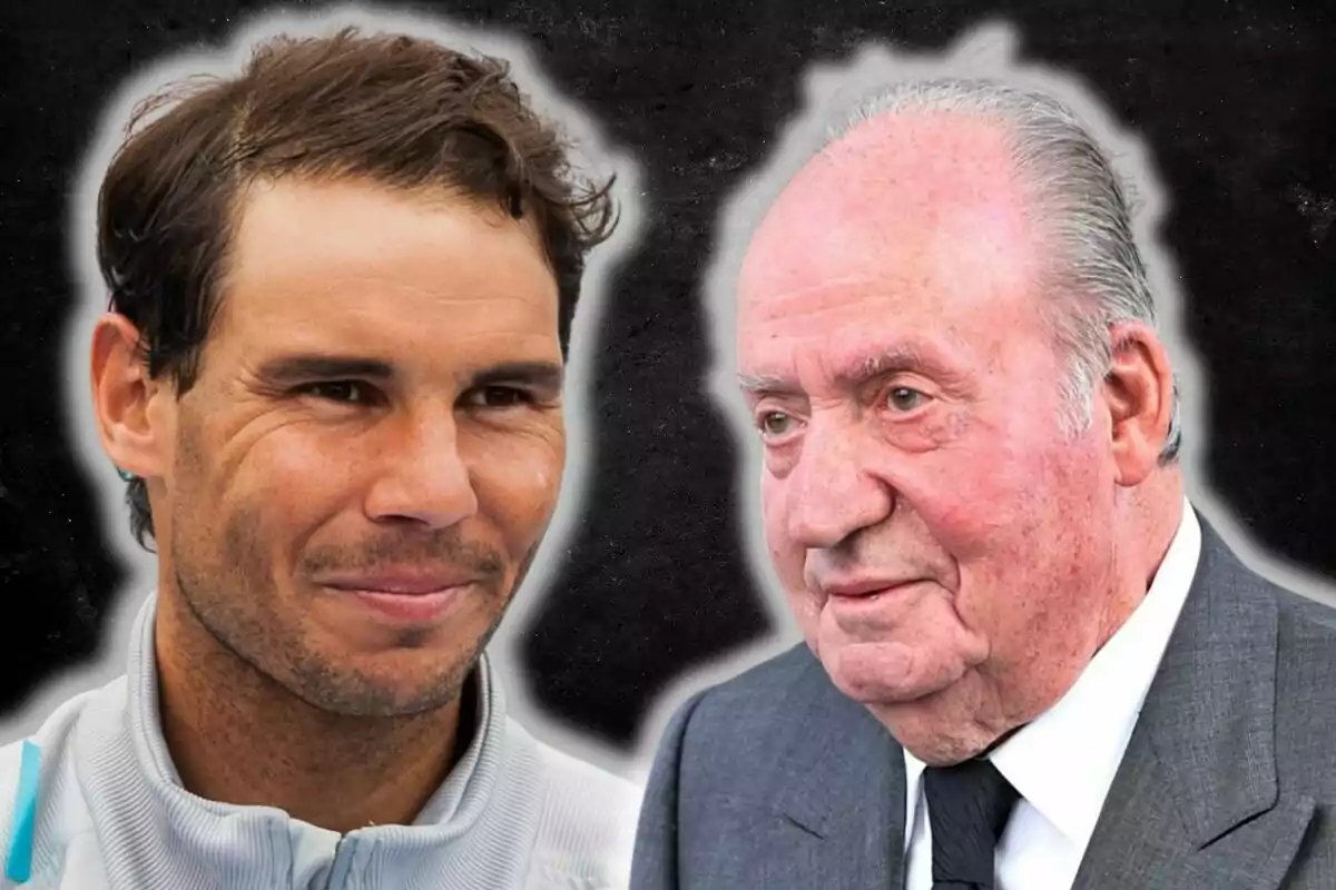 Rafa Nadal and Juan Carlos I looking at each other with friendly expressions against a dark background.