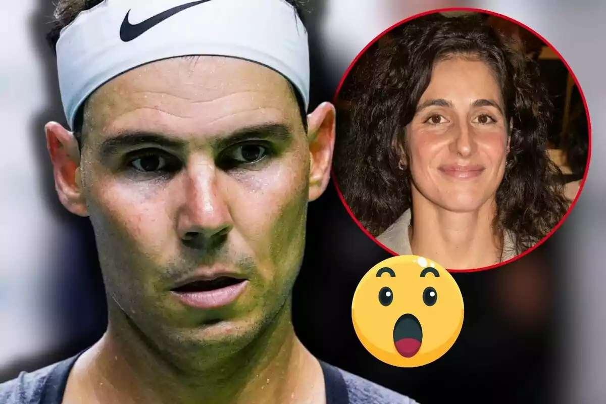 Rafa Nadal with a headband appears in the foreground, while in a red circle next to him, Xisca Perelló is shown smiling; a surprised emoji is overlaid at the bottom.