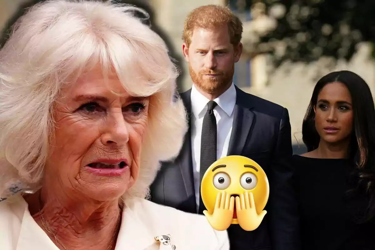 La reina Camila amb expressió de disgust en primer pla i al fons el príncep Harry i Meghan Markle vestida de negre al costat d’un emoji sorprès.
