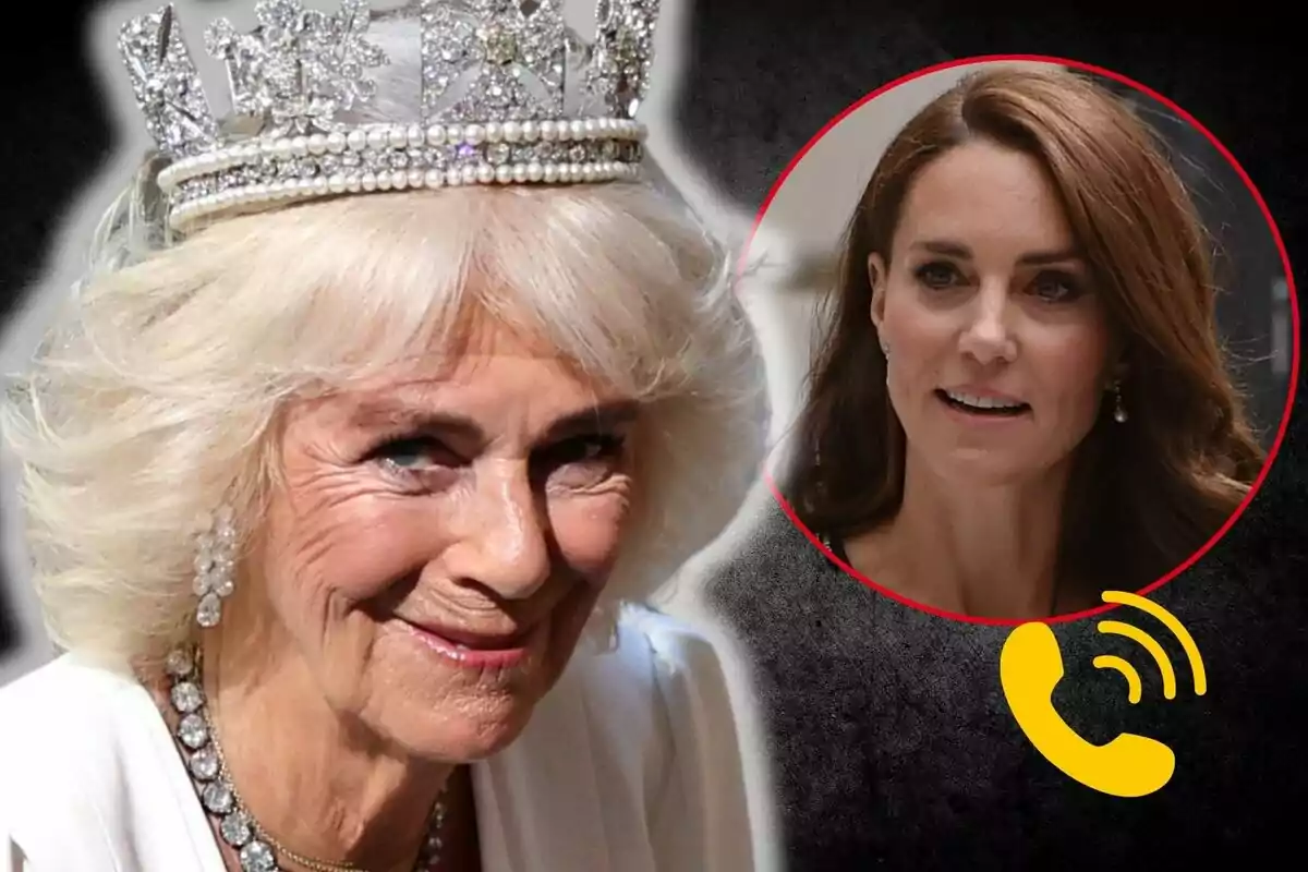 La reina Camila amb una corona somriu mentre Kate Middleton apareix en un cercle vermell amb una icona de telèfon groga.
