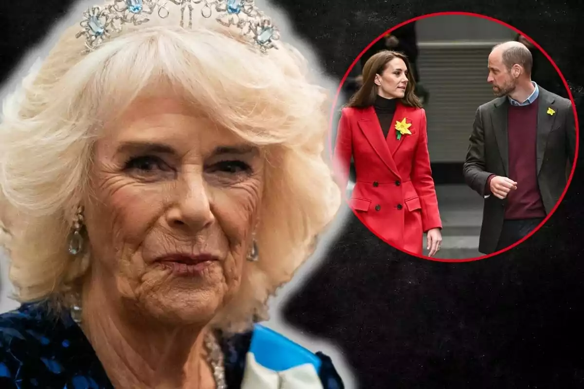 La reina Camila amb una tiara i Kate Middleton i el príncep Guillem caminant en un requadre circular.