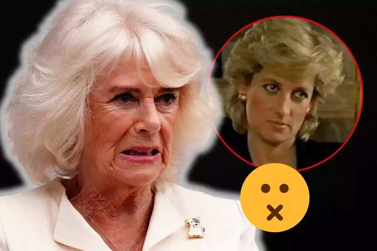Muntatge d'un primer pla de la reina Camila amb mala cara i una americana blanca, Lady Di seriosa i un emoji mut.