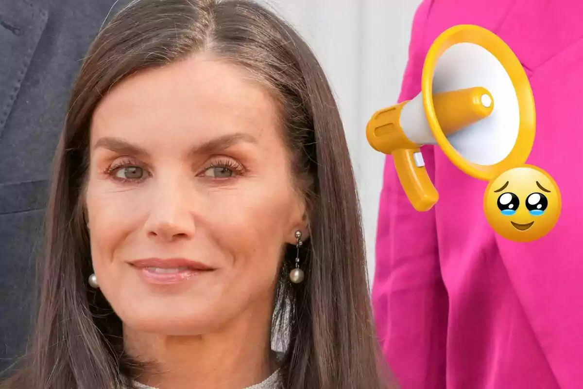 Queen Letizia with pearl earrings, in the background a pink jacket and a yellow speaker on top, next to a face emoji with sparkling eyes.