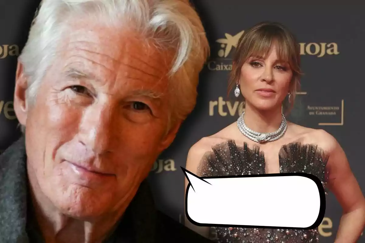 Richard Gere and Alejandra Silva pose at an event, one of them is wearing an elegant dress, and there is an empty speech bubble in the image.