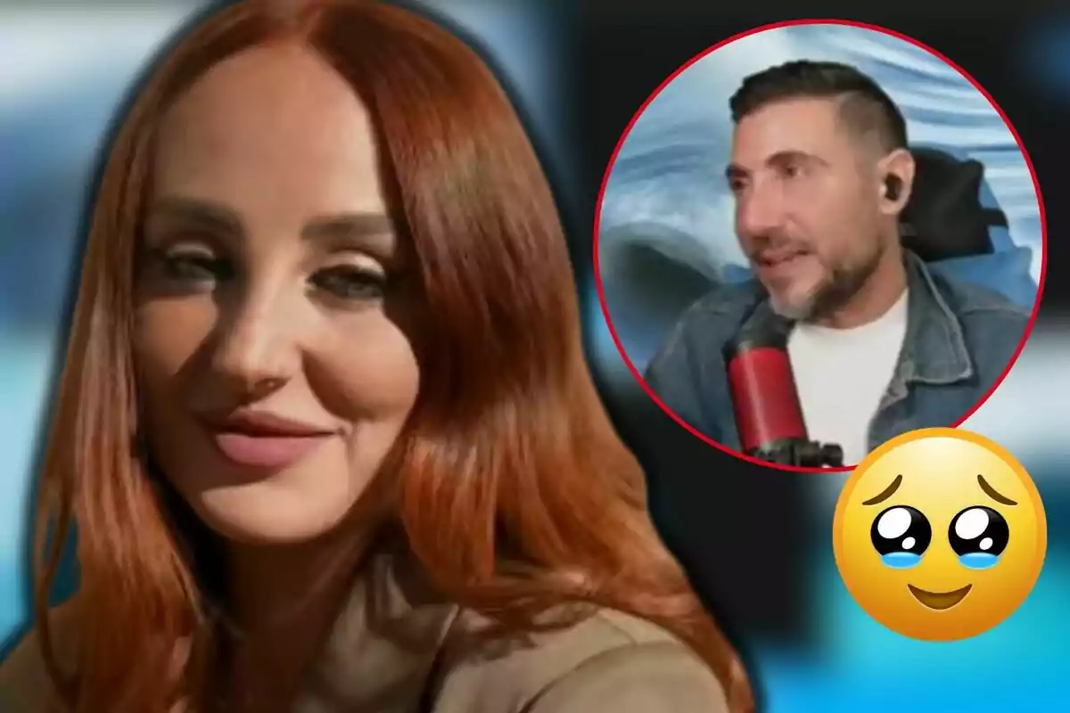 Rocío Flores somriu mentre Antonio David Flores amb auriculars apareix en un cercle vermell a la cantonada superior dreta, al costat d'un emoji amb ulls brillants.