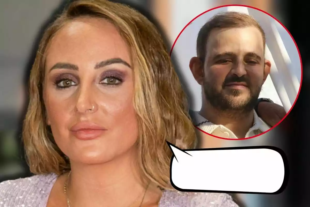 Rocío Flores amb maquillatge cridaner apareix en primer pla, mentre que en un cercle vermell al fons es veu a David Flores Carrasco; hi ha un globus de diàleg buit a la part inferior.