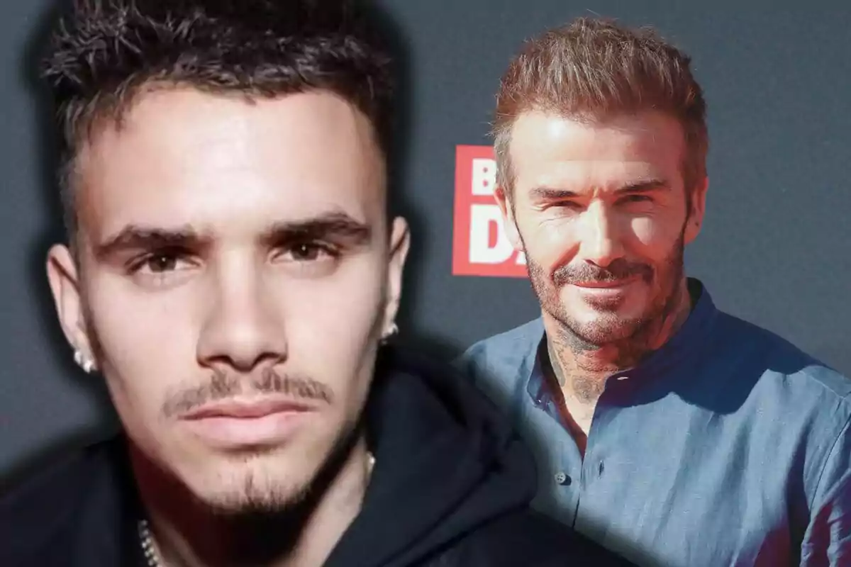 Romeo i David Beckham posen per a la càmera, un en primer pla amb expressió seriosa i l’altre al fons somrient en un esdeveniment.