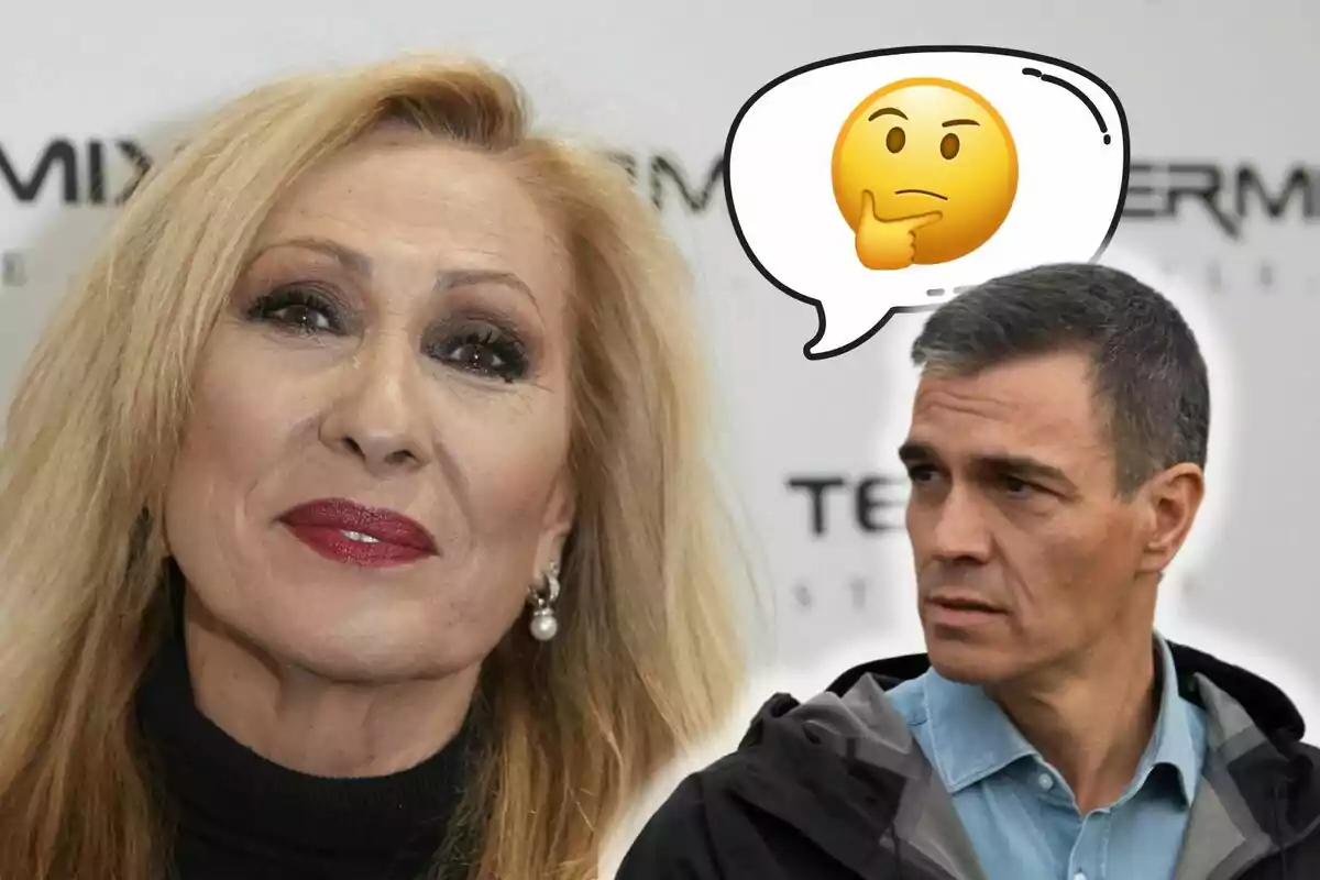 Rosa Benito somrient i Pedro Sánchez amb expressió pensativa acompanyat d'un emoji de reflexió.