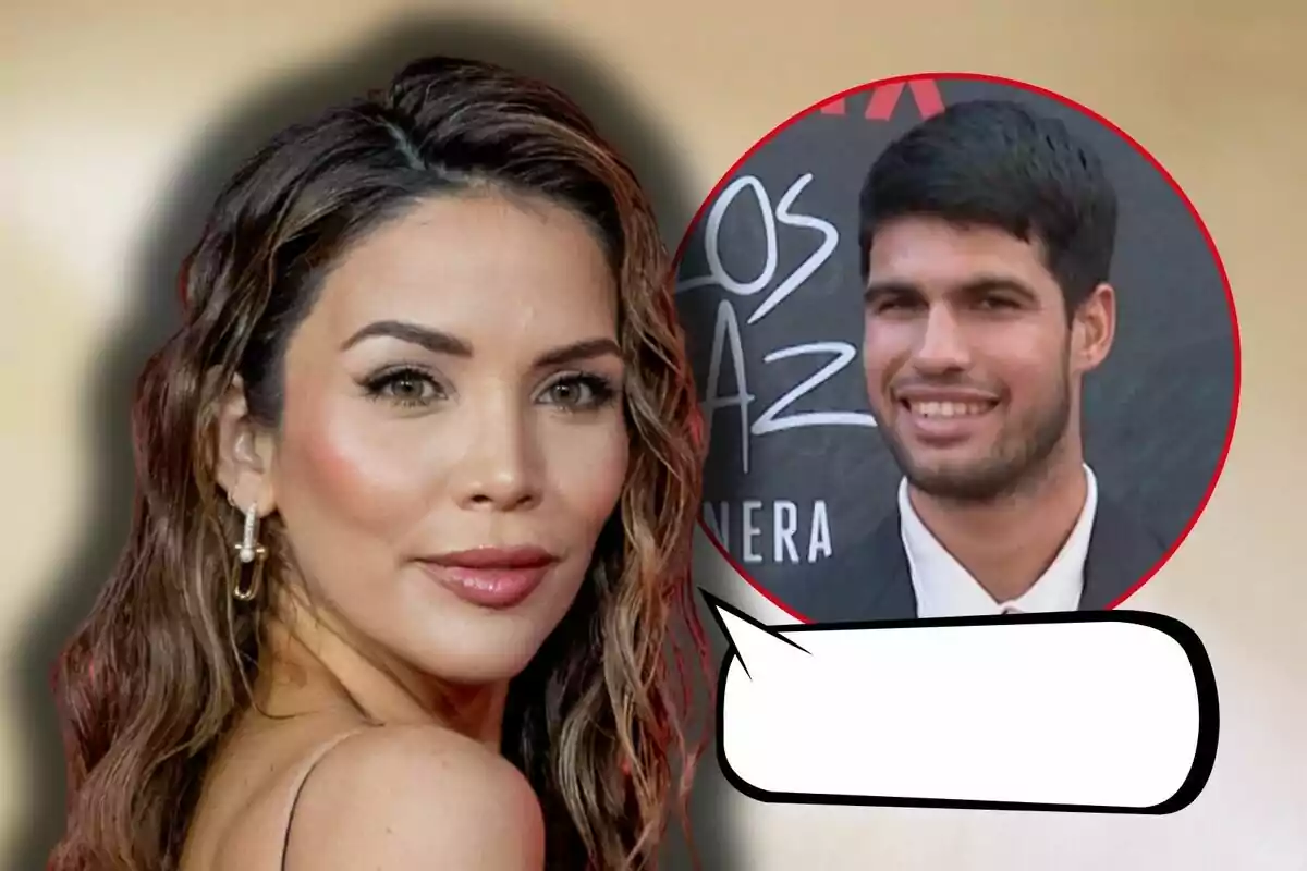 Rosanna Zanetti amb maquillatge elegant mira a la càmera mentre Carlos Alcaraz somrient apareix en un cercle amb un fons de text en blanc.