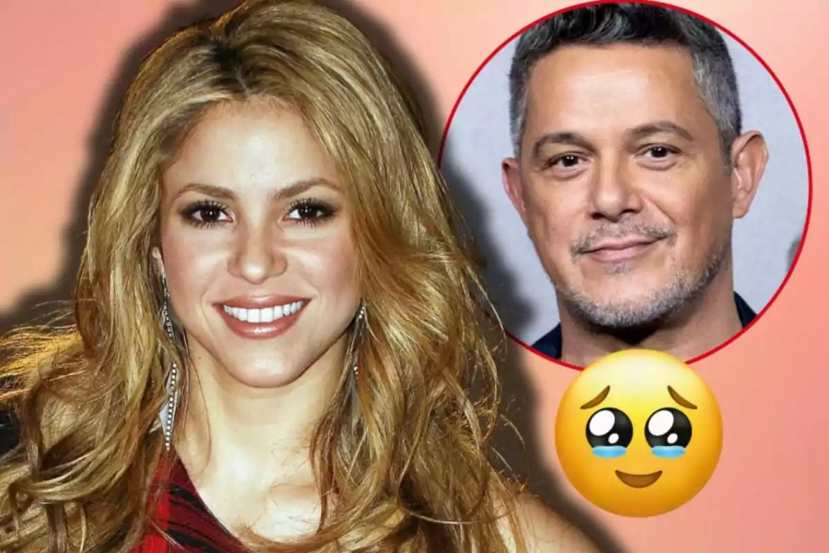 Shakira somrient amb cabell ros i Alejandro Sanz en un cercle vermell amb un emoji de carona plorant.