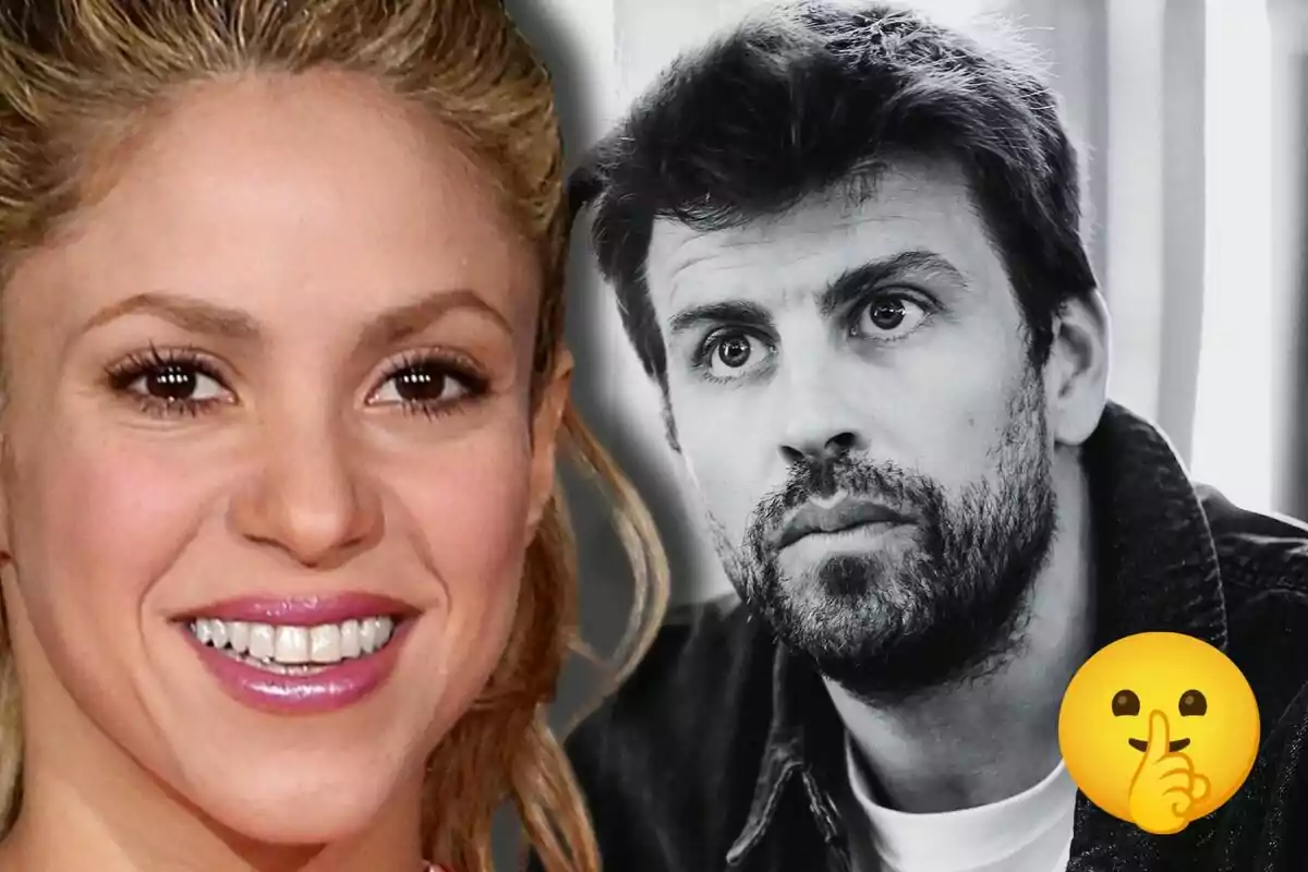 Shakira sonriente en primer plano y Gerard Piqué en blanco y negro al fondo con un emoji de silencio.
