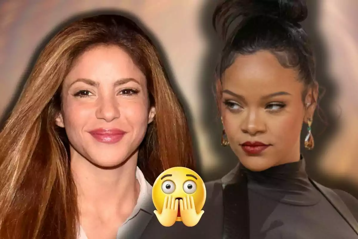 Shakira and Rihanna posing together with a surprised emoji in the center.
