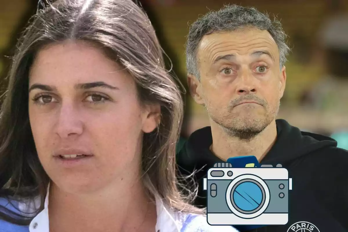 Sira Martínez i Luis Enrique, amb expressió seriosa, apareixen junts, amb una icona de càmera a la part inferior de la imatge.