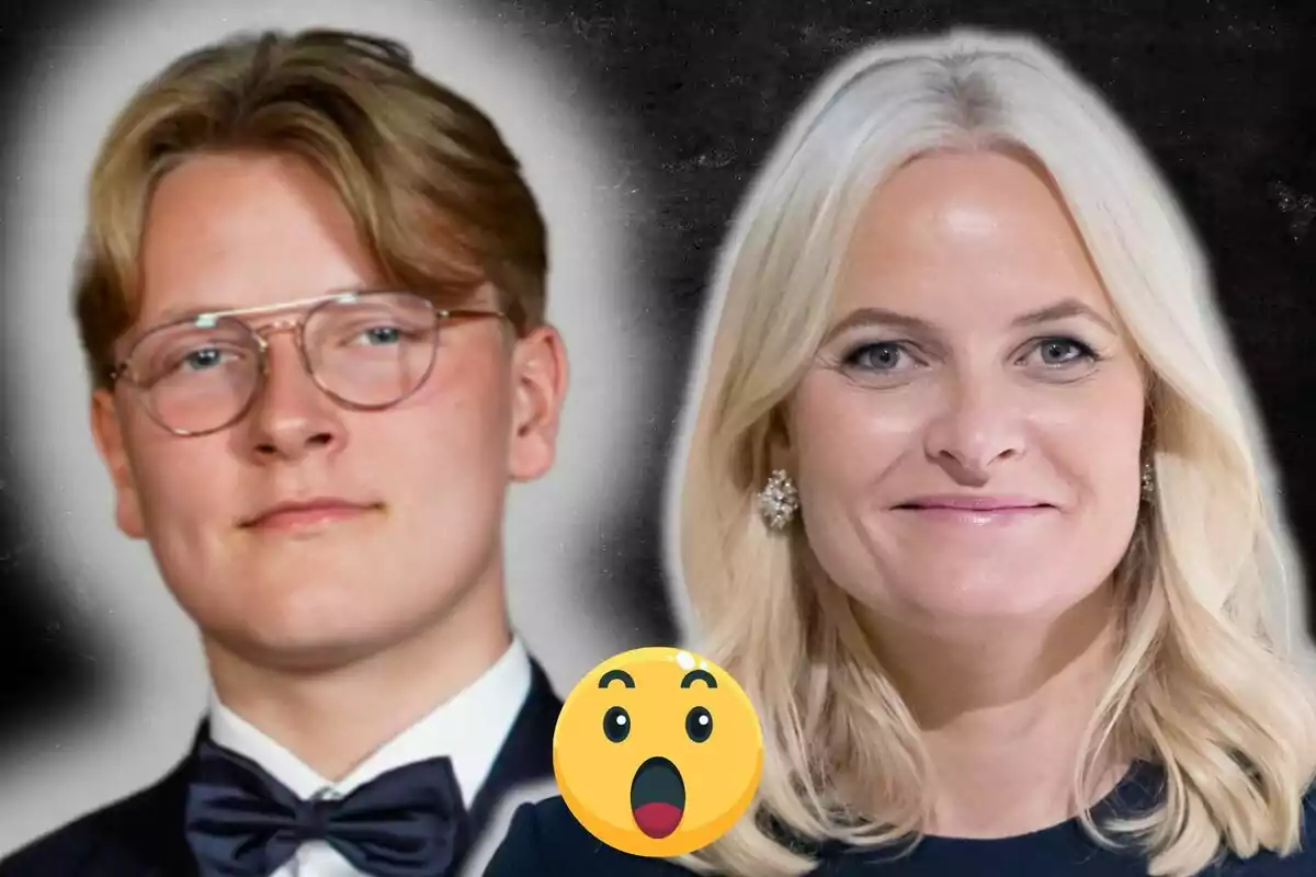 Sverre de Noruega con gafas y esmoquin junto a Mette-Marit sonriendo, con un emoji sorprendido en el centro.