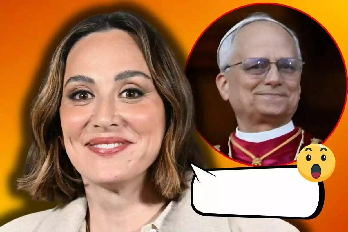Tamara Falcó somrient en primer pla amb un fons taronja i un cercle que mostra el papa Lleó XIV amb vestimenta religiosa, al costat d'un emoji sorprès i un globus de diàleg buit.
