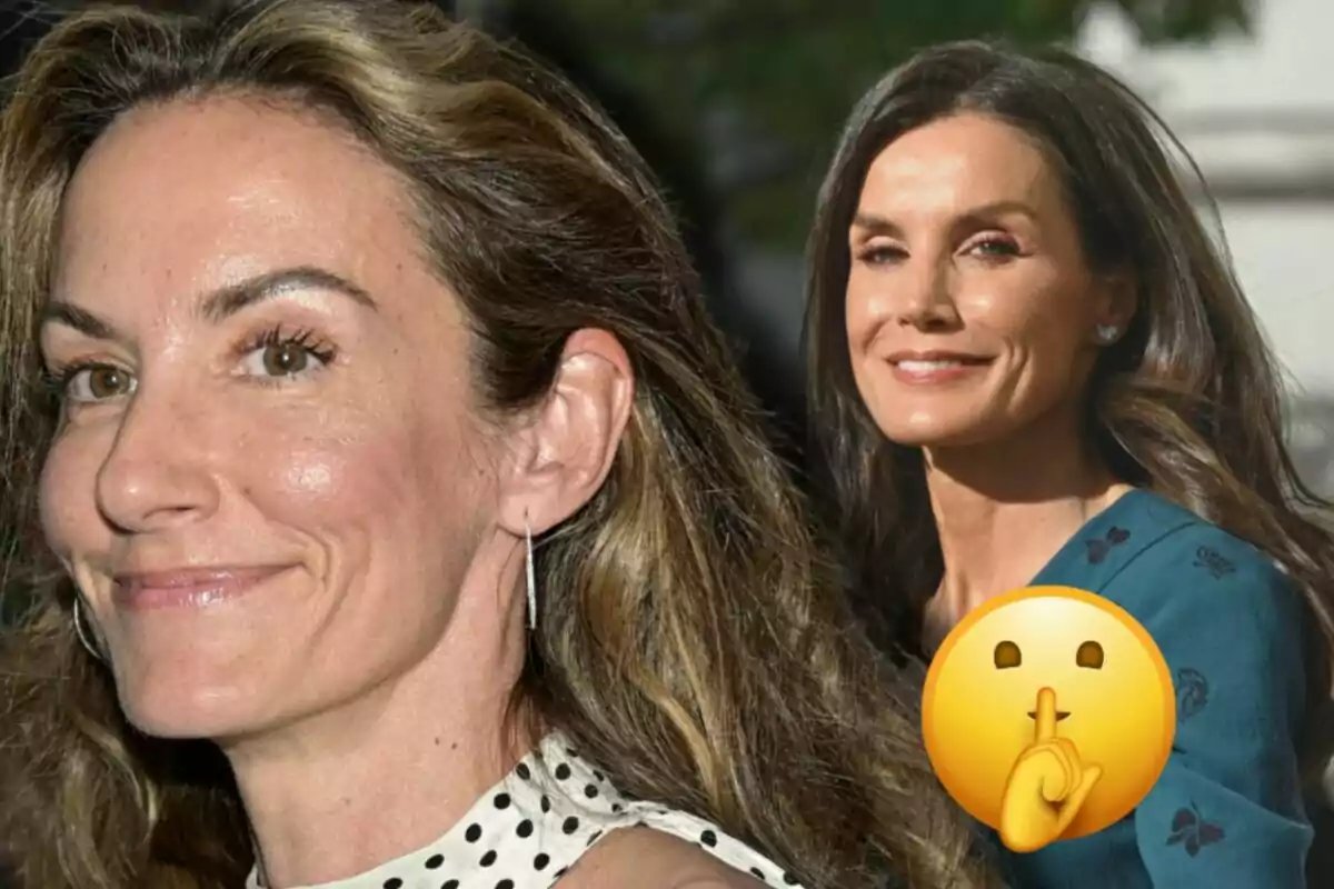 Telma Ortiz i la reina Letícia somrients en un muntatge fotogràfic amb un emoji de silenci superposat.