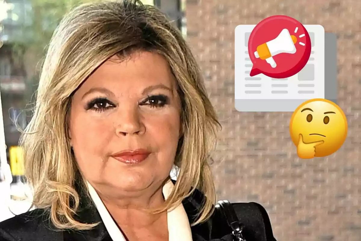 Terelu Campos amb cabell ros i expressió seriosa amb emojis de megàfon i cara pensativa.