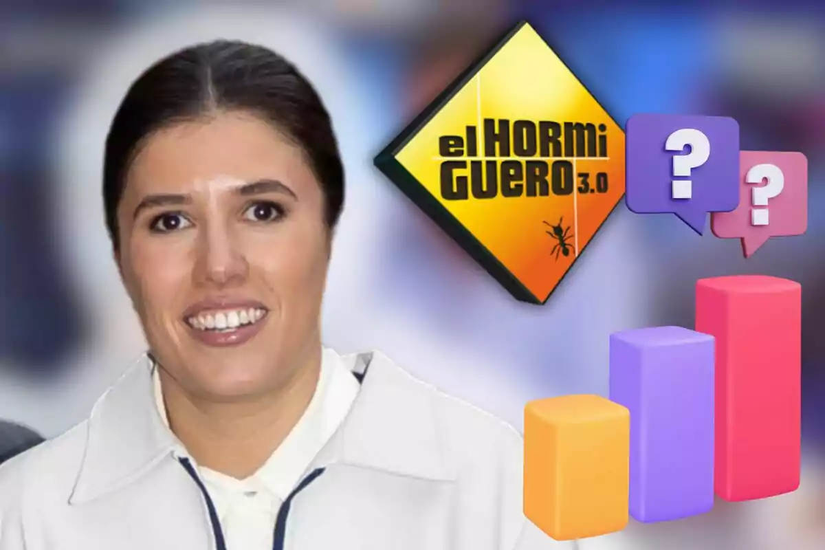 Teresa Urquijo somrient al costat del logotip de "El Hormiguero 3.0" amb icones de bombolles de diàleg i gràfics de barres de colors.