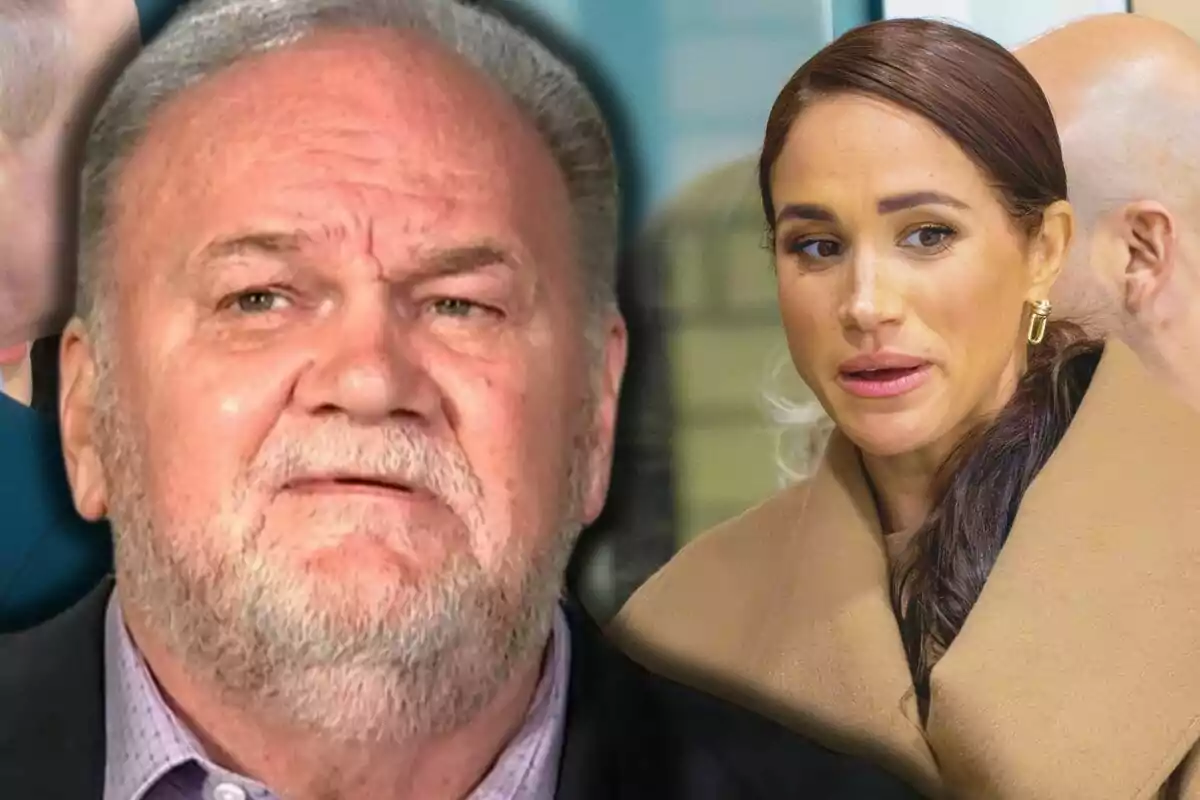 Muntatge amb un primer pla de Thomas Markle seriós i, al fons, Meghan Markle amb un abric marró mirant a un costat.