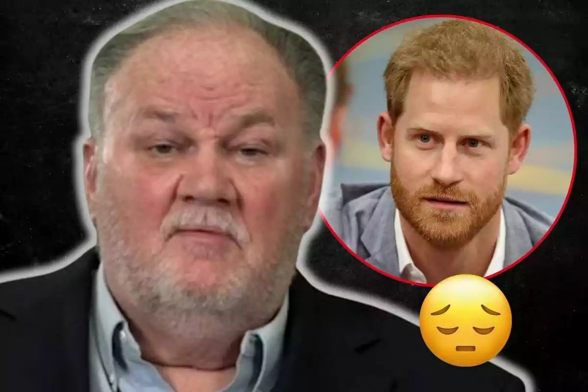 Thomas Markle amb expressió seriosa apareix en primer pla, mentre que en un cercle vermell al fons es veu el príncep Harry amb expressió pensativa, acompanyat d'un emoji de cara trista.